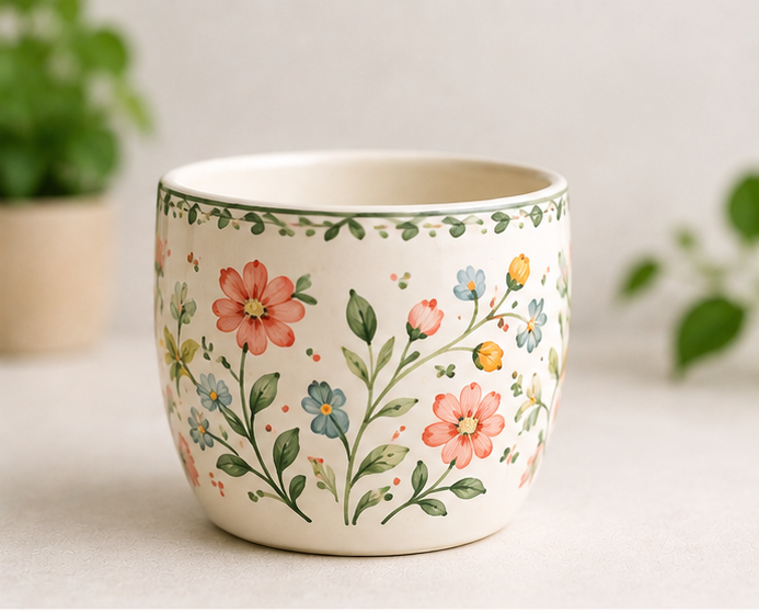 Hand-Painted Floral Ceramic Pot - Image 4