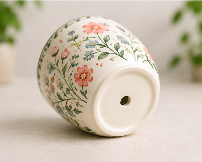 Hand-Painted Floral Ceramic Pot - Image 3